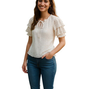 Flower & Feather Blouse Womens L White Ruffle Fairy Romantic Cottage Soft Girl